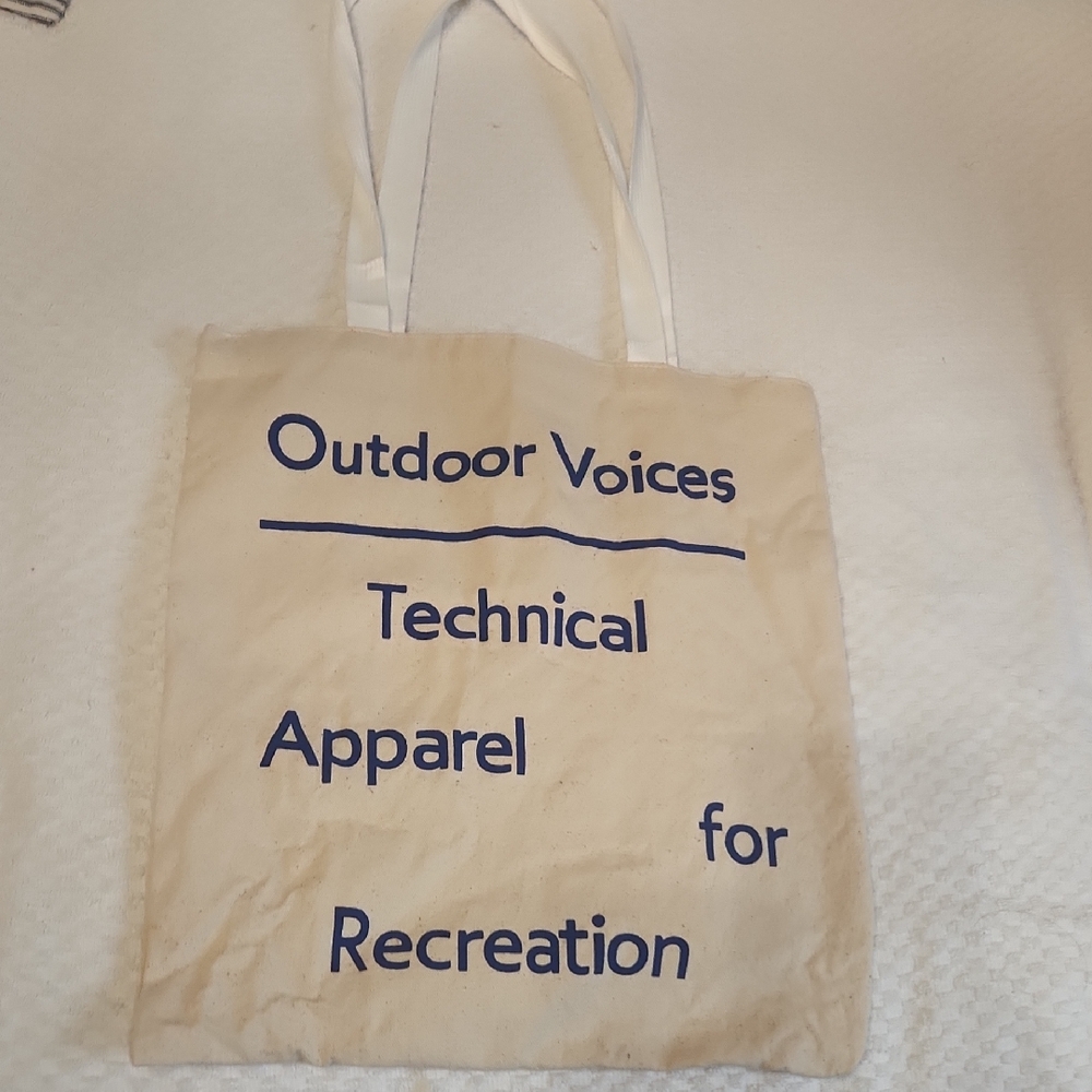 Outdoor Voices Cream Tote with Blue Text